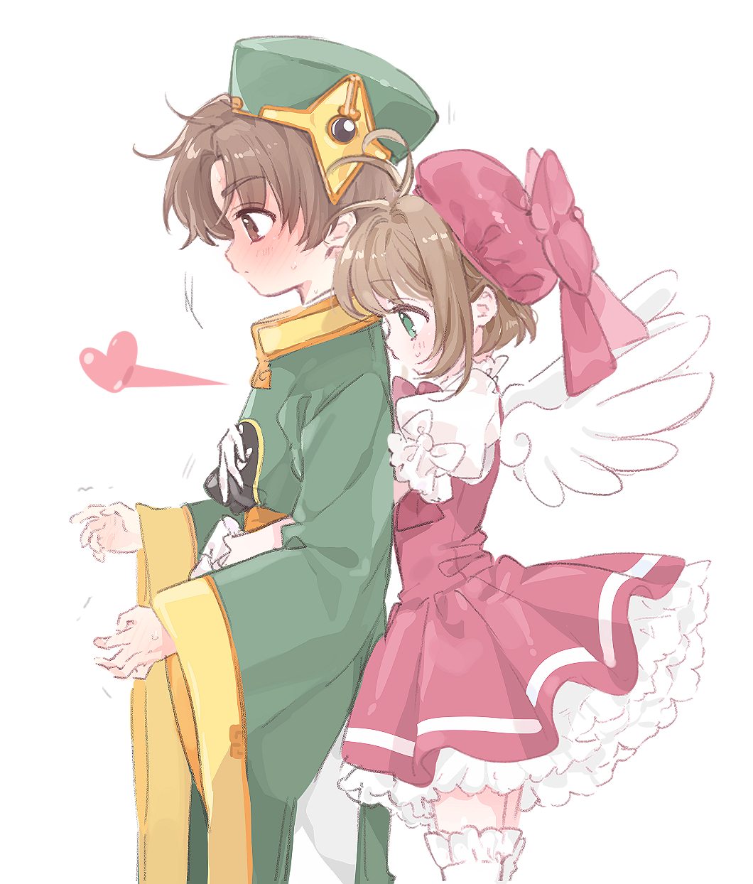 mipi (u3u 00), kinomoto sakura, li syaoran, cardcaptor sakura, highres, 1boy, 1girl, blush, brown eyes, brown hair, chinese clothes, couple, dress, green eyes, hat, heart, hetero, hug, hug from behind, magical girl, robe, short hair, wings