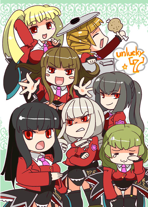 kamaboko red, asmodeus (umineko), beelzebub (umineko), belphegor (umineko), leviathan (umineko), lucifer (umineko), mammon (umineko), satan (umineko), stakes of purgatory, umineko no naku koro ni, silver hair, bad id, bad pixiv id, 00s, 6+girls, angry, black hair, blonde hair, blush, brown hair, chibi, closed eyes, drill hair, female focus, food, green hair, happy, multiple girls, necktie, orange hair, pantyhose, pink necktie, red eyes, smile, tears, thighhighs, twintails, zettai ryouiki