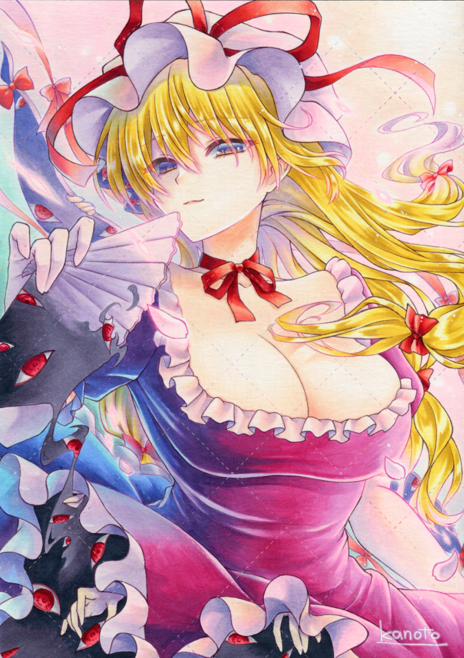 wassmint, yakumo yukari, touhou, commentary request, highres, marker (medium), traditional media, artist name, blonde hair, breasts, choker, cleavage, closed mouth, collarbone, dress, elbow gloves, frills, gap (touhou), gloves, gradient eyes, hair between eyes, hair ribbon, hand fan, hat, holding, holding fan, large breasts, light smile, long hair, mob cap, multicolored eyes, purple dress, purple eyes, red eyes, ribbon, ribbon choker, watermark, white gloves, yellow eyes