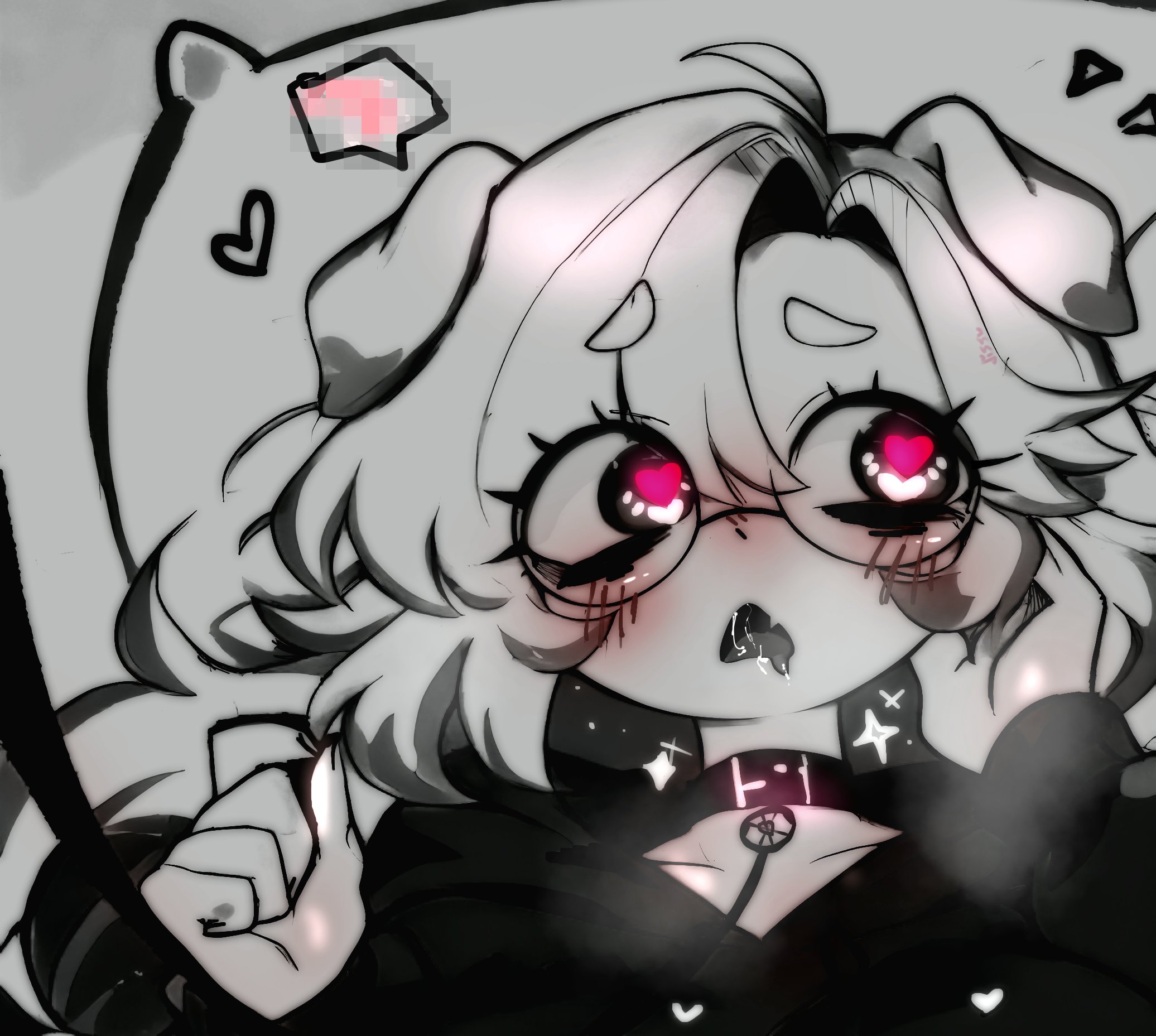 original, commentary, english commentary, highres, 1girl, animal ears, blush, choker, dissociatedcat, dog ears, dog girl, drooling, glasses, greyscale, hair between eyes, heart, heart-shaped pupils, heavy breathing, hood, hood down, hoodie, leash, looking to the side, monochrome, mouth drool, open mouth, parted bangs, pink pupils, raised inner eyebrows, saliva, short eyebrows, short hair, sketch, spot color, symbol-shaped pupils, upper body