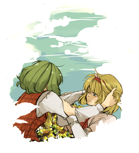 nid, alice margatroid, kazami yuuka, touhou, bad id, bad pixiv id, 2girls, ascot, blue eyes, female focus, green hair, hairband, multiple girls, plaid clothes, plaid vest, short hair, vest, wince
