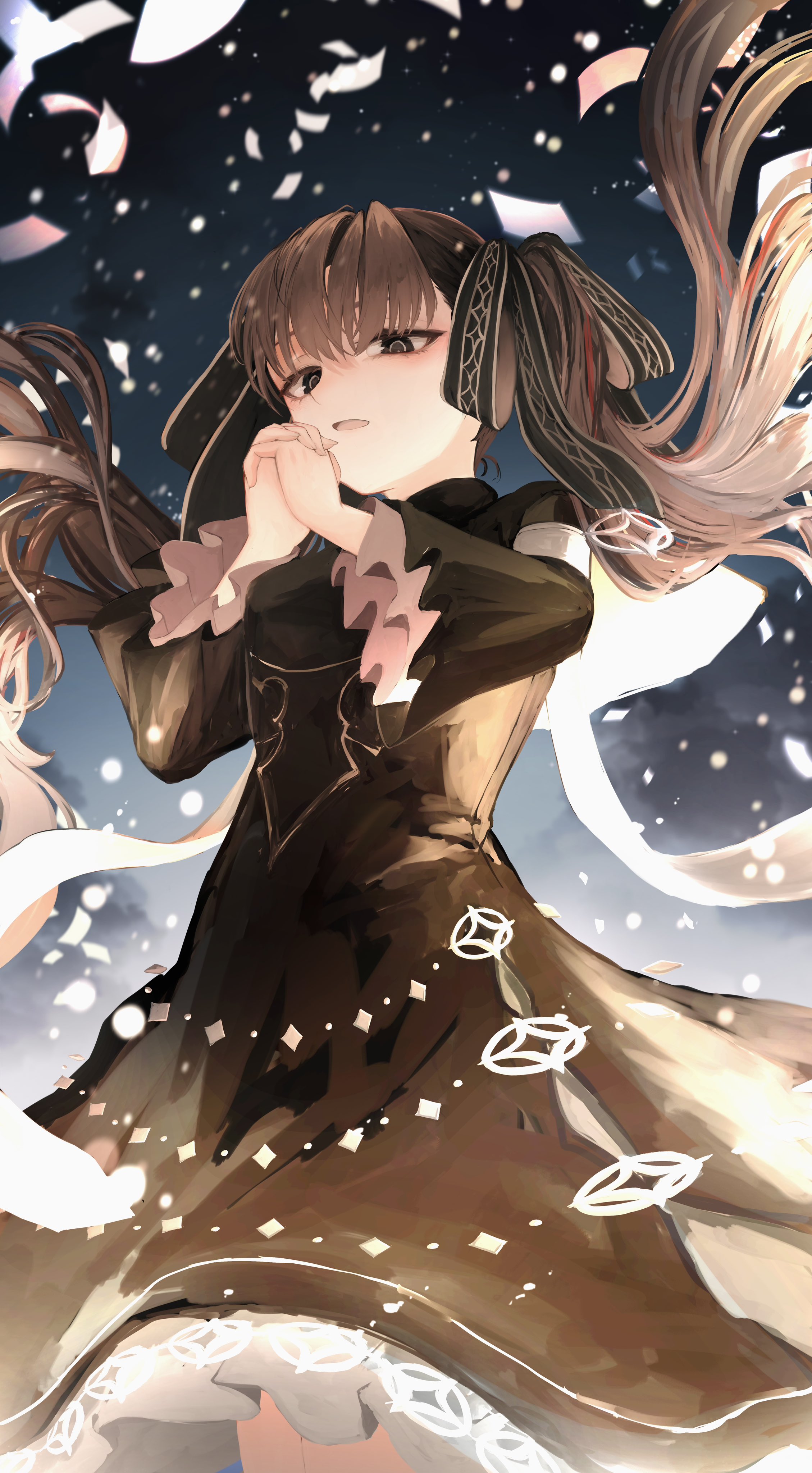 suzukano pon, isekai meikyuu no saishinbu wo mezasou, absurdres, commentary request, highres, 1girl, black dress, black eyes, black hair, black ribbon, cowboy shot, dress, hair ribbon, long hair, long sleeves, looking at viewer, nosfy whoseyards, open mouth, own hands clasped, own hands together, paper, ribbon, smile, solo