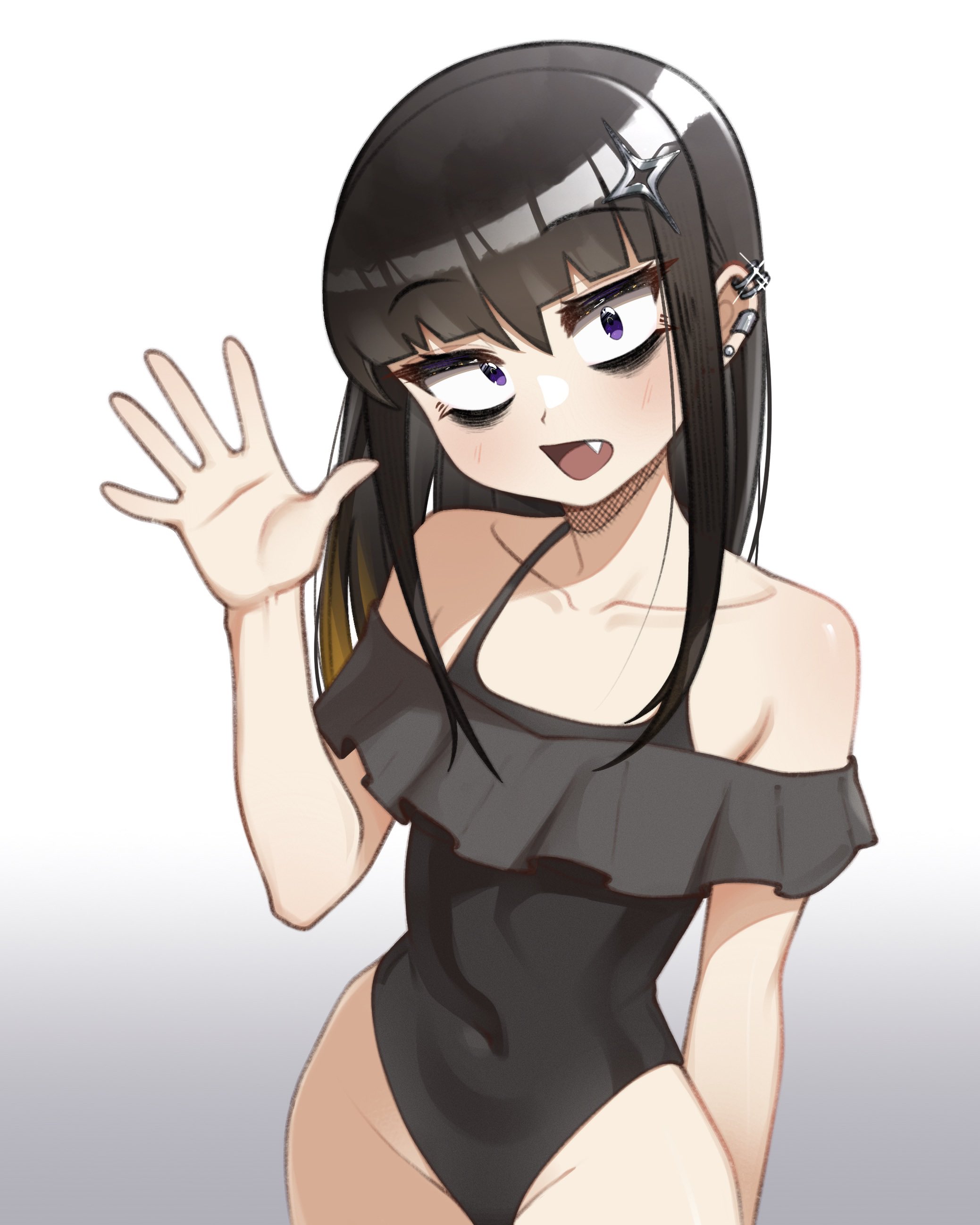 offkair, original, absurdres, highres, 1girl, arm behind back, bare shoulders, black eyeliner, black eyeshadow, black hair, black one-piece swimsuit, blush, brown hair, casual one-piece swimsuit, ear piercing, earclip, eyeliner, eyeshadow, fang, flat chest, glint, gradient background, hair between eyes, hair ornament, hand up, highleg, highleg one-piece swimsuit, long hair, looking at viewer, makeup, multicolored hair, off-shoulder one-piece swimsuit, off shoulder, one-piece swimsuit, open mouth, piercing, purple eyes, sanpaku, solo, streaked hair, swimsuit, upper body, waving