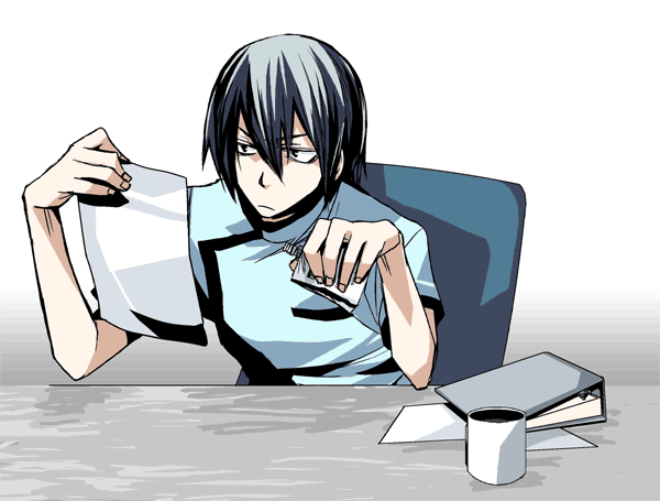 motomoto saji, mudo, mudo (saji), victor niguel, chou shittou caduceus, bad id, bad pixiv id, 1boy, black hair, blue hair, coffee mug, cup, desk, flask, hip flask, male focus, mug, papers, short hair, solo