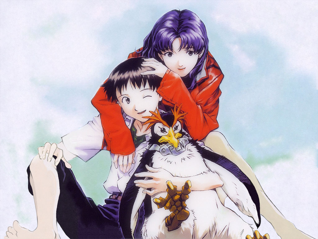 sadamoto yoshiyuki, ikari shinji, katsuragi misato, penpen, neon genesis evangelion, cleaned, official art, official wallpaper, 1boy, 1girl, age difference, bird, black hair, happy, lipstick, long hair, looking at viewer, makeup, one eye closed, pantyhose, penguin, purple hair, short hair, smile, wink