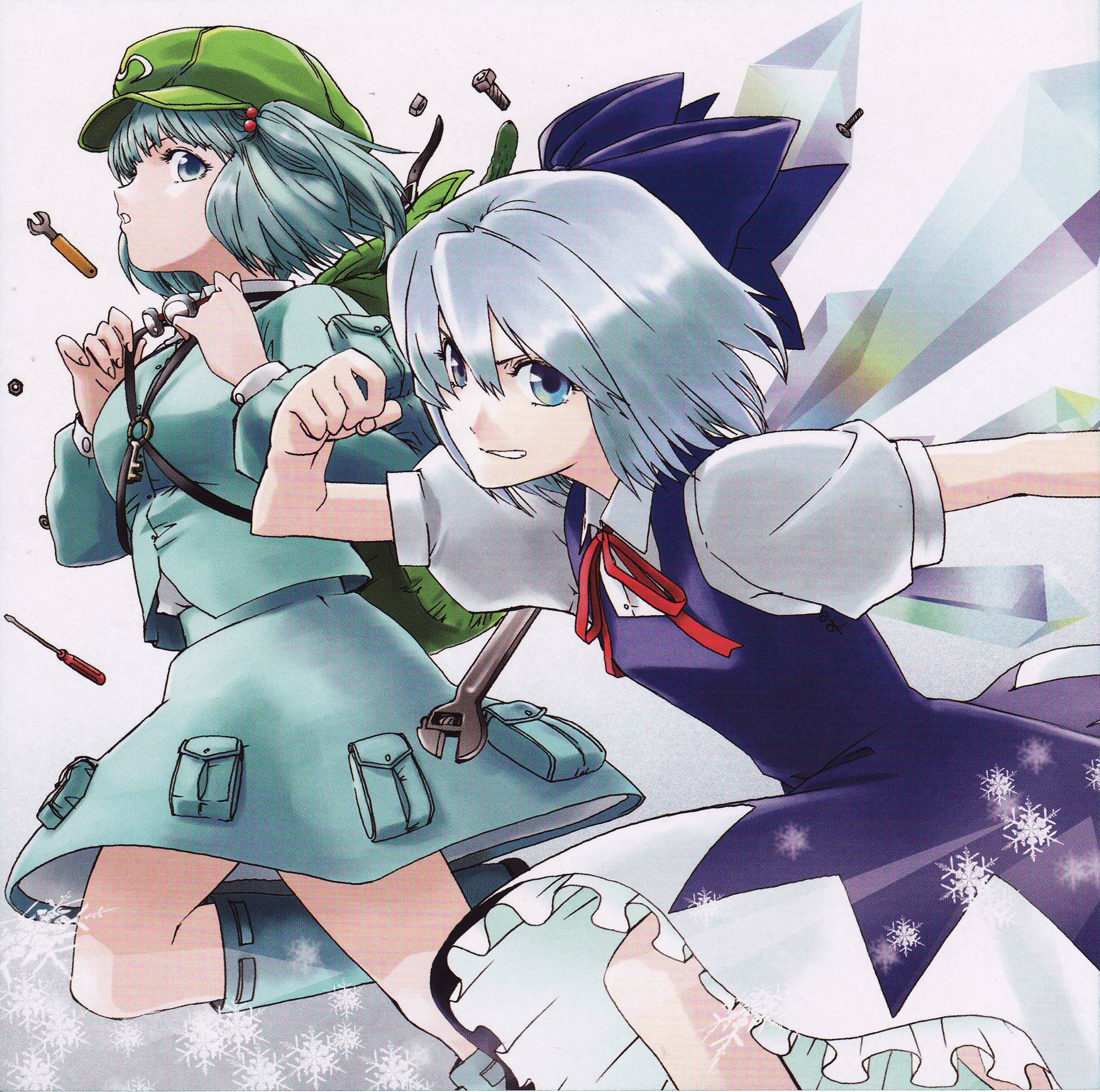 ak2, cirno, kawashiro nitori, touhou, absurdres, highres, 2girls, female focus, multiple girls, two side up