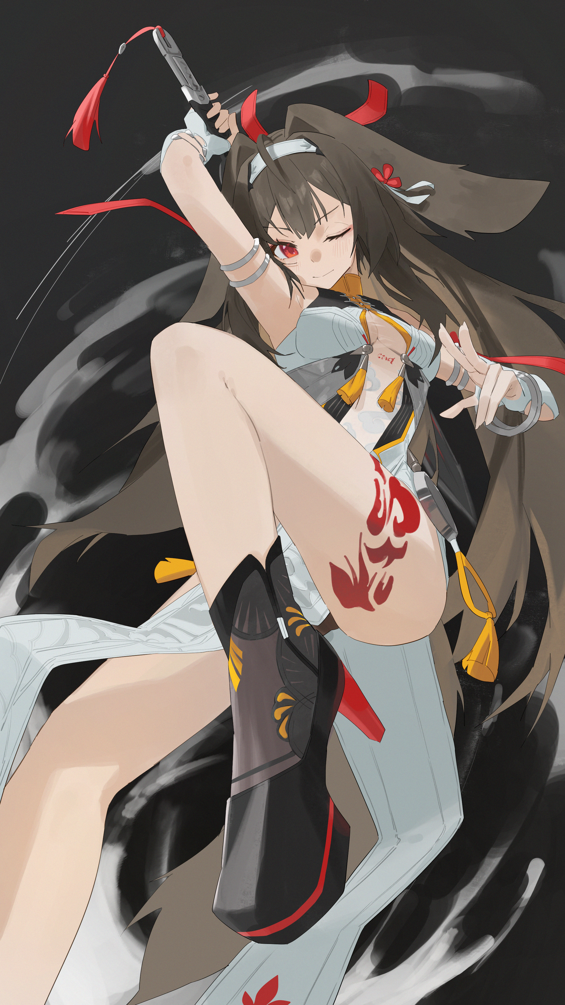 lupinu5, zenless zone zero, absurdres, highres, 1girl, animal ears, breasts, brown hair, clover, clover hair ornament, dynamic pose, hair intakes, hair ornament, high heels, holding, holding sword, holding weapon, long hair, small breasts, sword, tail, very long hair, weapon, ye shunguang
