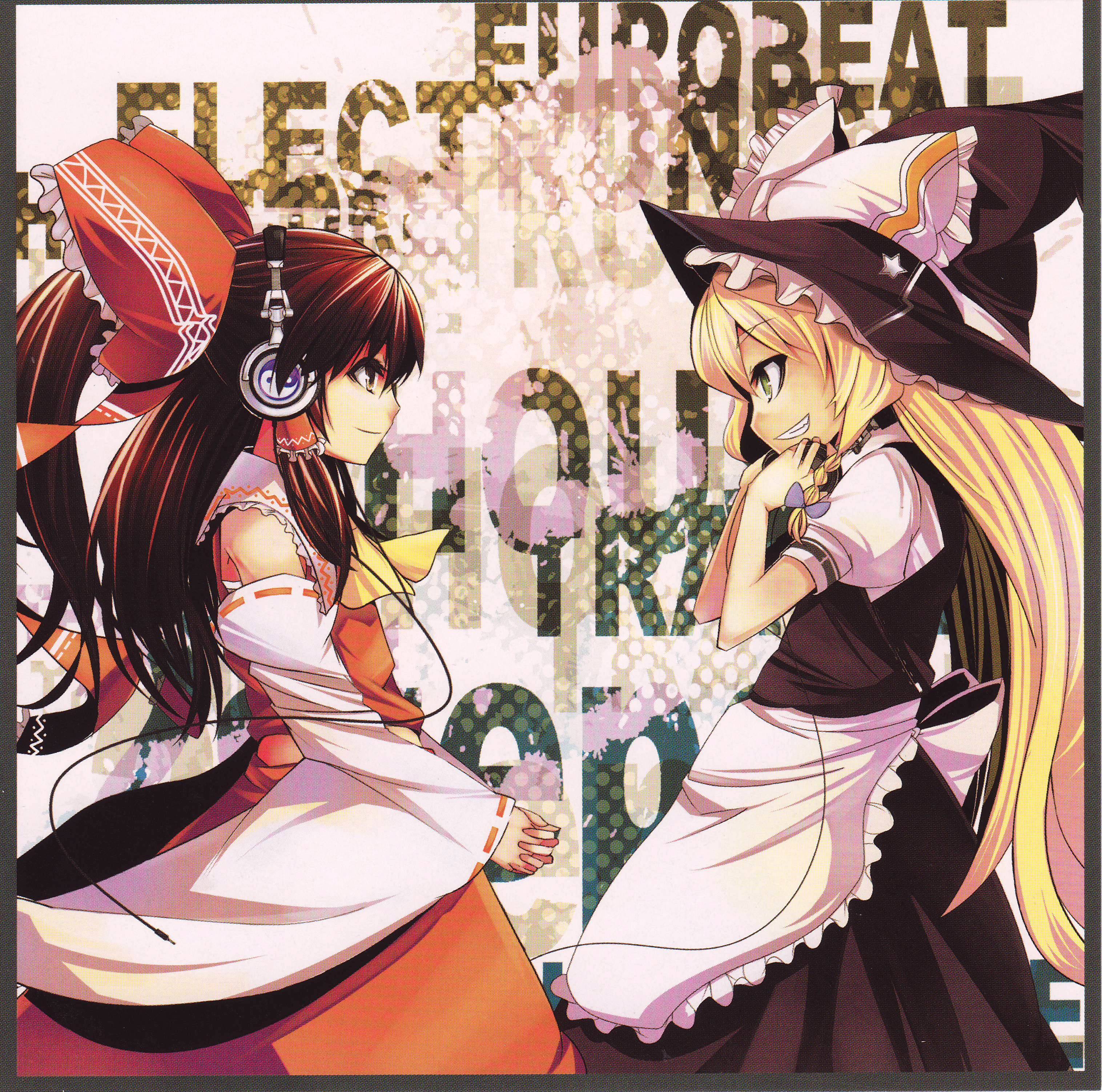 nirai kanai, hakurei reimu, kirisame marisa, touhou, absurdres, highres, 2girls, apron, ascot, bare shoulders, black dress, blonde hair, bow, detached sleeves, dress, female focus, from side, grin, hair bow, hair tubes, hat, hat bow, headphones, interlocked fingers, long hair, long sleeves, looking at another, multiple girls, own hands together, puffy short sleeves, puffy sleeves, red bow, red skirt, red vest, ribbon-trimmed sleeves, ribbon trim, short sleeves, sidelocks, skirt, smile, teeth, v arms, very long hair, vest, waist apron, white bow, witch hat, yin yang
