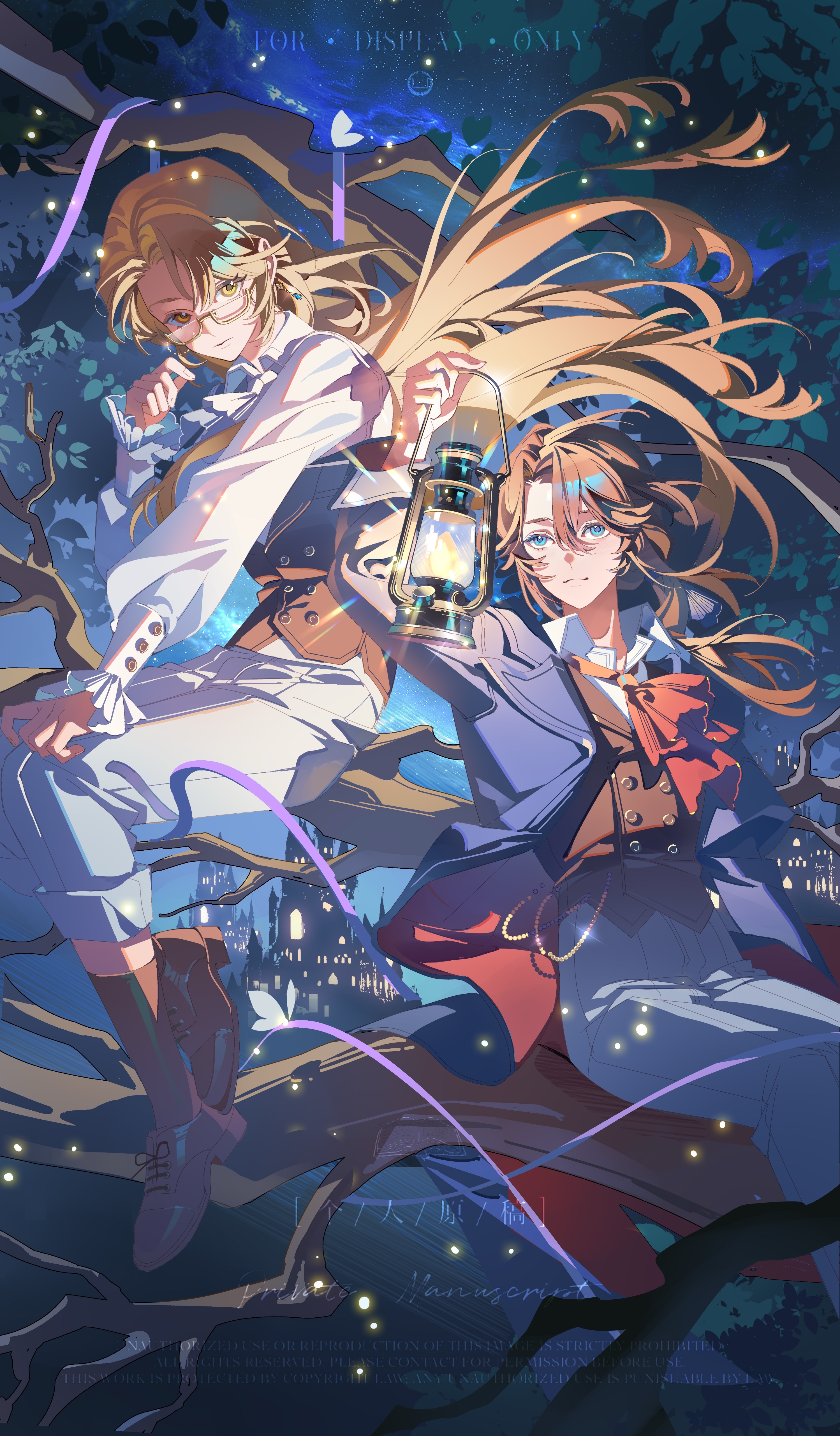 lou xiaotiao, blood emperor, lord of the mysteries, absurdres, chinese commentary, commission, highres, second-party source, 2boys, :3, arm up, ascot, blonde hair, blue coat, blue eyes, brown hair, brown shoes, brown socks, brown vest, bug, butterfly, buttons, castle, closed mouth, coat, collared shirt, cross-laced shoes, cuff links, curtained hair, double-breasted, earrings, expressionless, eyewear strap, feet out of frame, floating hair, frilled sleeves, frills, full body, glasses, hand on own knee, hand up, high-waist pants, holding lamp, in tree, insect, jewelry, kerosene lamp, lapels, light particles, long hair, long sleeves, looking at object, low ponytail, male focus, multiple boys, night, notched lapels, open clothes, open coat, outstretched arm, pants, pants rolled up, parted bangs, ponytail, purple ribbon, red ascot, ribbon, semi-rimless eyewear, shirt, shoes, sideways glance, sitting, sitting in tree, smile, socks, teardrop earrings, tree, trunsoest (lord of the mysteries), two-sided coat, two-sided fabric, very long hair, vest, wallet chain, watermark, white ascot, white butterfly, white pants, white shirt, yellow eyes