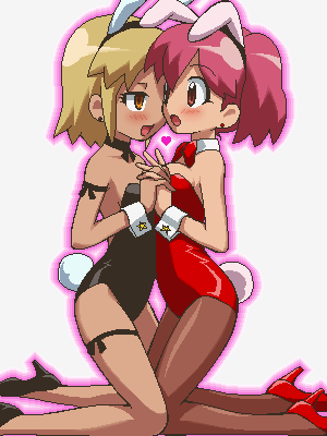 awa, angol mois, hinata natsumi, keroro gunsou, lowres, 2girls, animal ears, bare legs, blonde hair, blush, breast press, breasts, brown eyes, dark-skinned female, dark skin, detached collar, earrings, fake animal ears, heart, high heels, holding hands, jaggy lines, jewelry, leg ribbon, multiple girls, oekaki, outline, pantyhose, pink eyes, pink hair, pink outline, playboy bunny, pumps, rabbit ears, ribbon, shoes, small breasts, stud earrings, symmetrical docking, thigh ribbon, yuri