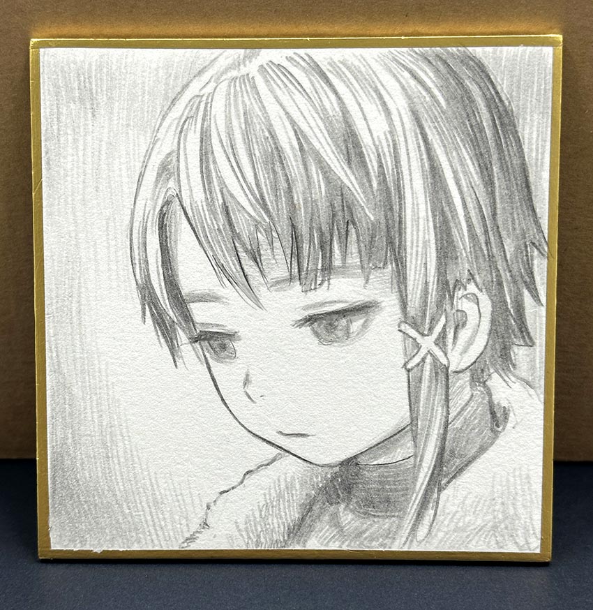 murata range, iwakura lain, serial experiments lain, commentary request, graphite (medium), photo (medium), traditional media, 1girl, close-up, expressionless, jacket, looking down, monochrome, shikishi, single sidelock, solo