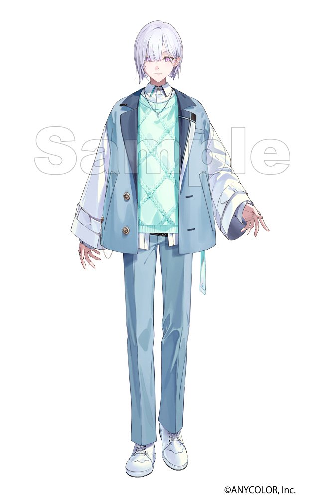 dsmile, nijisanji, commentary request, official art, 1boy, aqua sweater vest, blue jacket, blue pants, blunt ends, buttons, closed mouth, collared shirt, company name, copyright notice, ear piercing, earrings, hair behind ear, hair over one eye, jacket, jewelry, lapels, long sleeves, looking at viewer, male focus, multicolored jacket, necklace, open clothes, open jacket, pants, parted bangs, piercing, pink eyes, sample watermark, shirose isumi, shirt, shoes, short hair, simple background, sleeves past wrists, smile, solo, stud earrings, sweater vest, two-tone jacket, virtual youtuber, watermark, white background, white hair, white jacket, white shirt, white shoes, wing collar