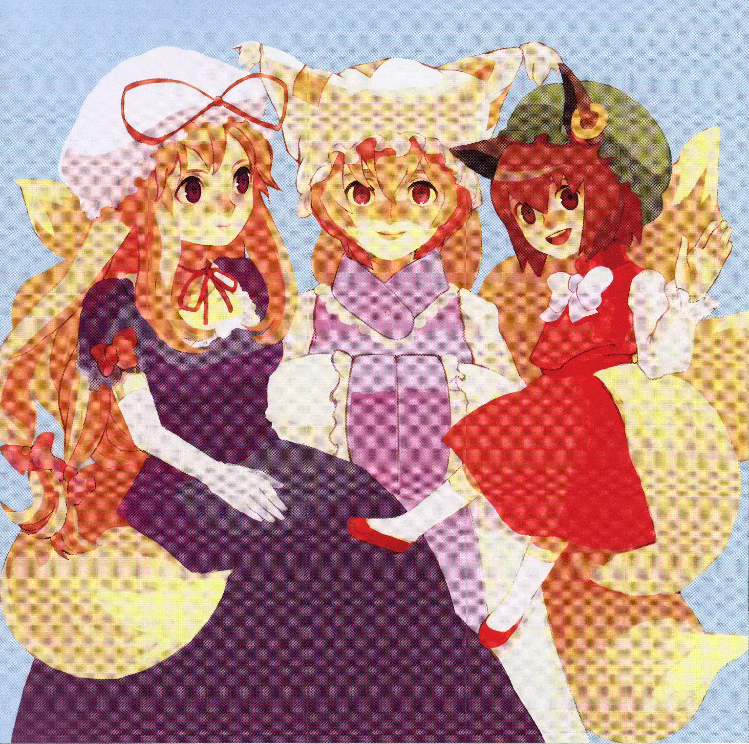 racco (sakuraco), chen, yakumo ran, yakumo yukari, touhou, absurdres, highres, scan, scan artifacts, 3girls, animal hat, blonde hair, elbow gloves, female focus, gloves, hands in opposite sleeves, hat, long sleeves, multiple girls, short hair, tassel, wide sleeves