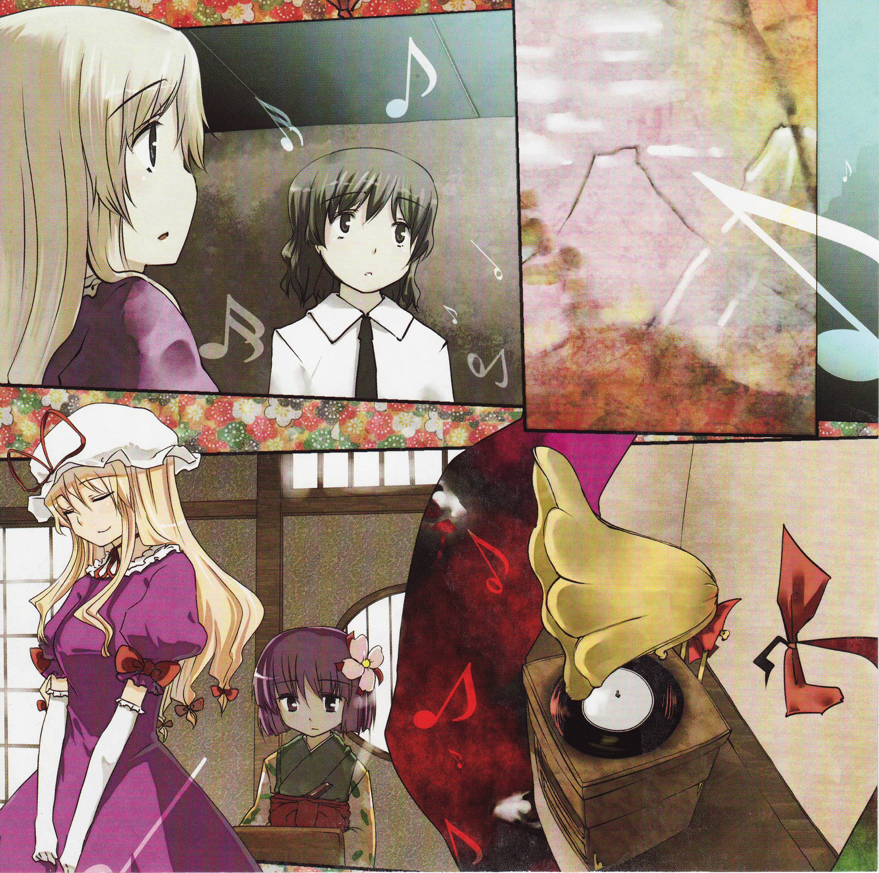 hota, hieda no akyuu, maribel hearn, usami renko, yakumo yukari, ghostly field club, perfect memento in strict sense, touhou, absurdres, highres, 4girls, comic, dress, elbow gloves, female focus, gap (touhou), gloves, hat, indoors, multiple girls, upper body