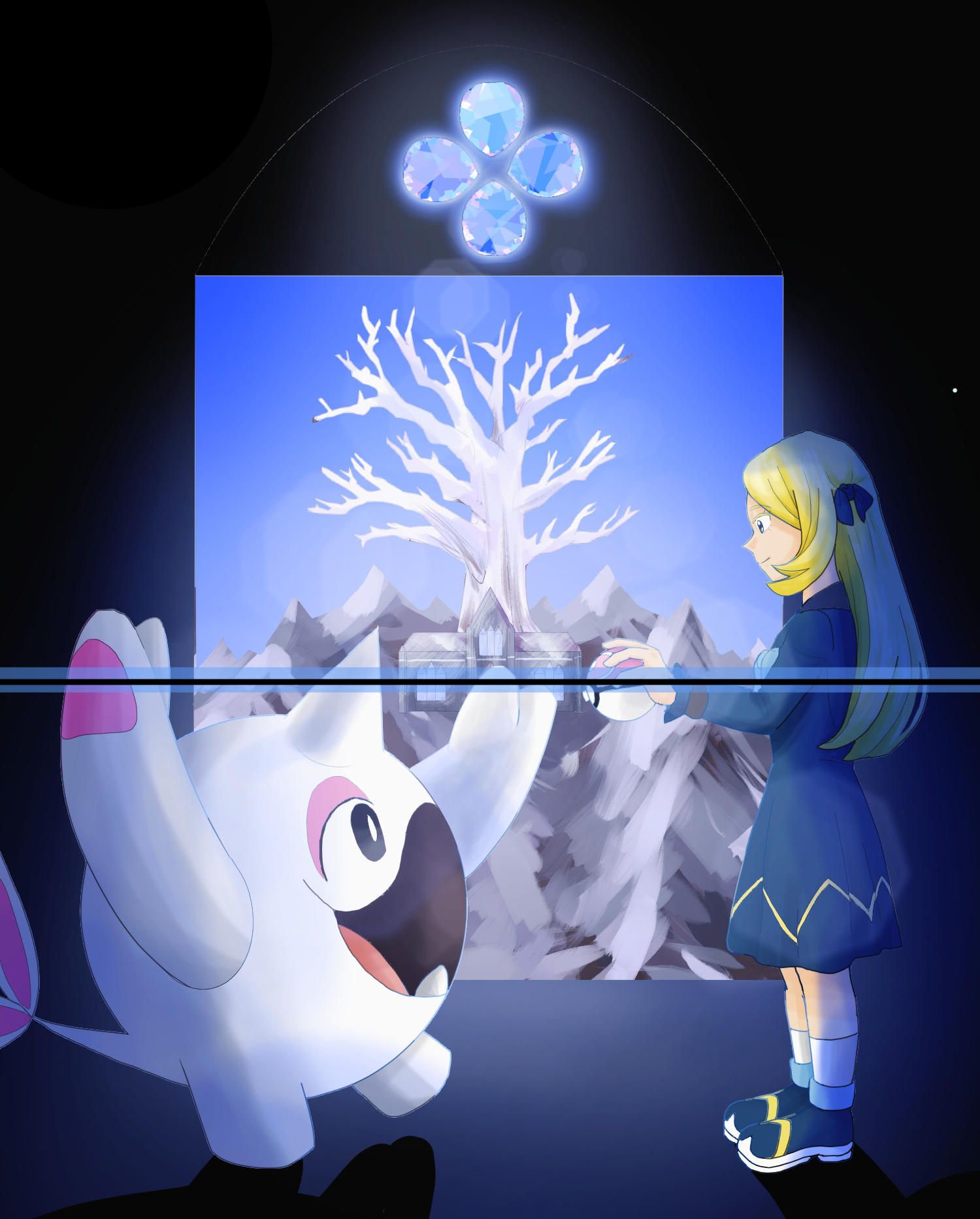 cetoddle, cynthia (pokemon), nintendo, pokemon, 1girl, aged down, blonde hair, dress, gem, grey eyes, holding, holding poke ball, land whale, mountain, poke ball, shoes, smile, snow, the crown tundra, tree