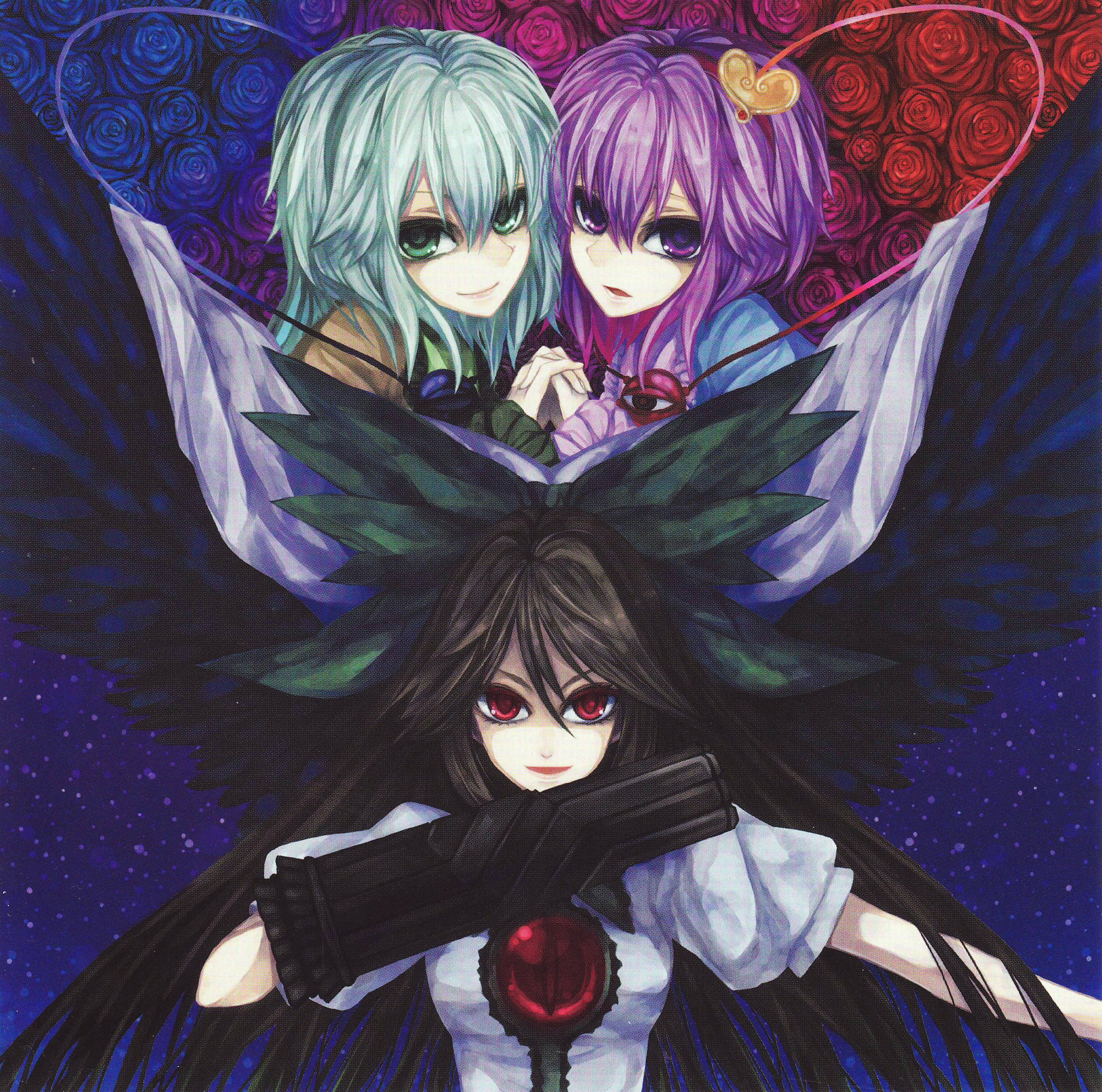koushi rokushiro, komeiji koishi, komeiji satori, reiuji utsuho, touhou, absurdres, highres, 3girls, alternate weapon, arm cannon, black hair, blue flower, blue rose, female focus, flower, multiple girls, purple flower, purple hair, purple rose, red eyes, rose, siblings, sisters, weapon, white hair