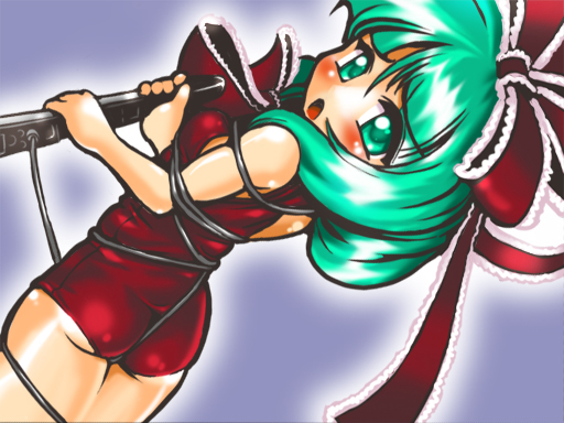 winn, kagiyama hina, touhou, 1girl, ass, bdsm, between buttocks, blush, bondage, bound, electric wind instrument, female focus, frills, green eyes, green hair, instrument, matching hair/eyes, one-piece swimsuit, red one-piece swimsuit, ribbon, school swimsuit, solo, swimsuit