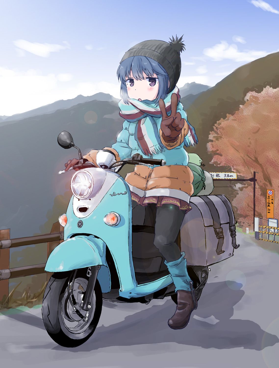 maruyo , shima rin, yurucamp, 1girl, autumn, black pantyhose, blue hair, blush, boots, breath, cloud, coat, day, dot nose, female focus, full body, gloves, hat, long hair, looking at viewer, moped, motor vehicle, mountain, open mouth, outdoors, pantyhose, road, road sign, scarf, scooter, sign, sitting, skirt, sky, tree, v, winter clothes, winter coat