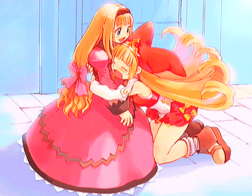 ryoji (nomura ryouji), crea rosenqueen, princess kururu, little princess, marl kingdom, nippon ichi, lowres, 2girls, blonde hair, blue eyes, bow, dress, flipped hair, hair bow, hat, hug, long hair, low-tied long hair, multiple girls, pink dress, shoes, socks, tears