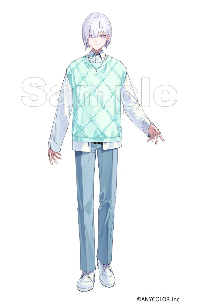 dsmile, nijisanji, commentary request, official art, 1boy, aqua sweater vest, blue pants, blunt ends, closed mouth, collared shirt, company name, copyright notice, ear piercing, earrings, hair behind ear, hair over one eye, jewelry, long sleeves, looking at viewer, male focus, necklace, open clothes, pants, parted bangs, piercing, pink eyes, sample watermark, shirose isumi, shirt, shoes, short hair, simple background, sleeves past wrists, smile, solo, stud earrings, sweater vest, virtual youtuber, watermark, white background, white hair, white shirt, white shoes, wing collar