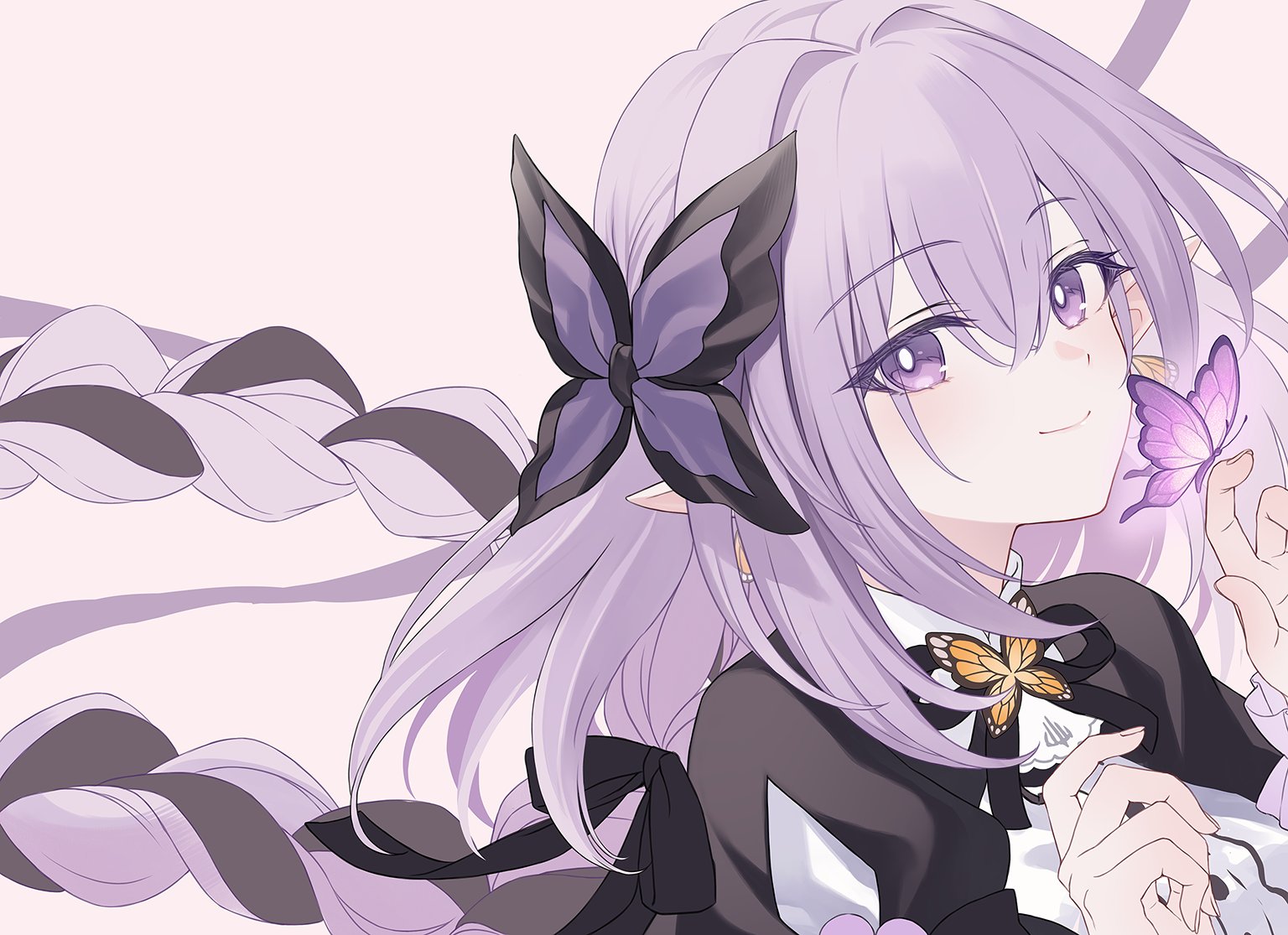 yashiro seika, castorice (honkai: star rail), honkai: star rail, honkai (series), commentary request, 1girl, bright pupils, bug, butterfly, butterfly ornament, insect, looking at viewer, pointy ears, purple butterfly, purple eyes, purple hair, smile, solo, upper body, white pupils