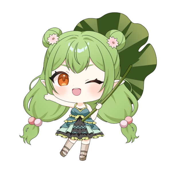 bond en, artist request, 1girl, ;d, ainami rana, blush, bondlive, chibi, chibi only, double bun, dress, full body, green dress, green hair, grey shoes, grey thighhighs, hair bobbles, hair bun, hair ornament, long hair, one eye closed, open mouth, orange eyes, pointy ears, shoes, side up bun, simple background, smile, solo, teeth, thighhighs, tongue, transparent background, upper teeth only, very long hair, virtual youtuber