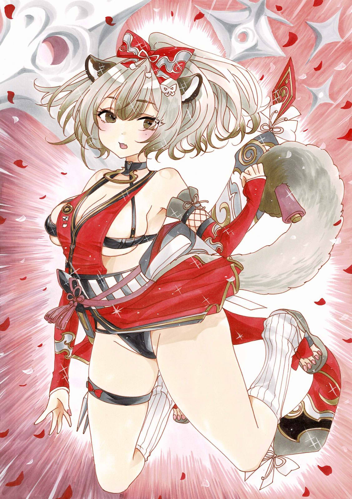 uzuharu (uduharu), taekaze (azur lane), azur lane, highres, marker (medium), traditional media, 1girl, alternate breast size (larger), animal ears, bare shoulders, black panties, bow, breasts, brown eyes, cleavage, grey hair, groin, hair bow, high ponytail, japanese clothes, large breasts, leg warmers, medium hair, mole, mole under eye, ninja, open mouth, panties, pink nails, ponytail, raccoon ears, raccoon girl, raccoon tail, red bow, solo, tail, thigh strap, underwear