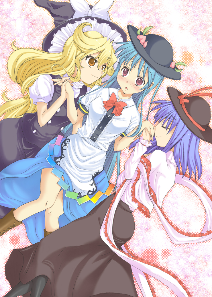 uda makoto, udamakoto, hinanawi tenshi, kirisame marisa, nagae iku, touhou, 3girls, blonde hair, blue hair, blush, boots, closed eyes, dress, female focus, hat, holding hands, long hair, multiple girls, pink eyes, purple hair, short hair, smile, witch, witch hat, yellow eyes