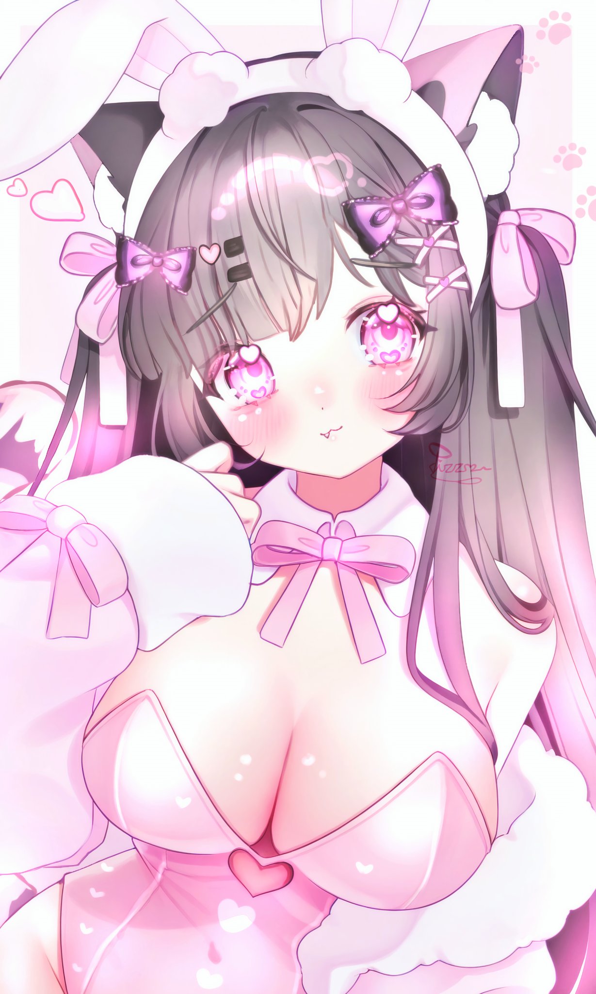 original, commentary, commission, english commentary, highres, 1girl, :3, animal ear fluff, animal ear hairband, animal ears, blush, border, bow, breasts, cat ears, cat girl, cleavage, closed mouth, clothing cutout, coat, coat partially removed, collar, detached collar, dissociatedcat, fake animal ears, fang, fang out, grey hair, hair bow, hair ornament, hairband, hand up, heart, heart cutout, heart in eye, large breasts, leotard, long hair, long sleeves, looking at viewer, neck ribbon, outside border, parted bangs, pink background, pink coat, pink eyes, pink leotard, pink ribbon, purple bow, rabbit ear hairband, rabbit ears, ribbon, sleeves past wrists, solo, strapless, strapless leotard, symbol in eye, upper body, white border, white collar, white hairband, x hair ornament