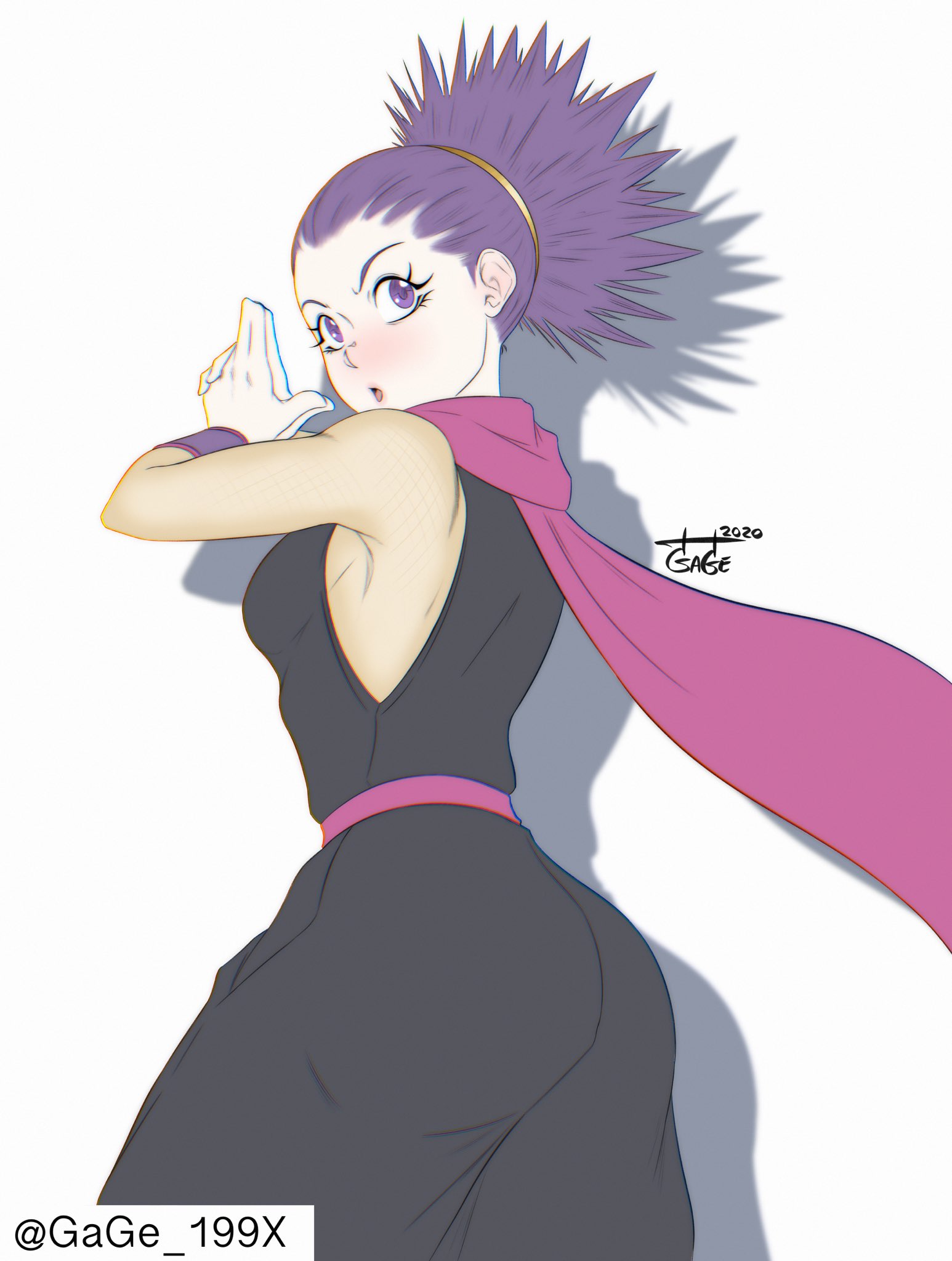 gage 199x, janine (pokemon), nintendo, pokemon, pokemon hgss, highres, 1girl, ass, blush, drop shadow, kuji-in, looking at viewer, looking back, own hands together, purple eyes, purple hair, purple scarf, scarf, signature, solo, twitter username