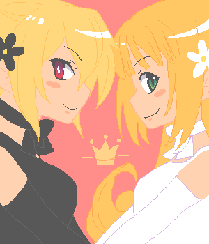 tsuyuka (sunny spot), princess kururu, rozalin, disgaea, little princess, makai senki disgaea 2, marl kingdom, nippon ichi, lowres, 2girls, blonde hair, crossover, crown, dress, flower, green eyes, long hair, multiple girls, parody, red eyes
