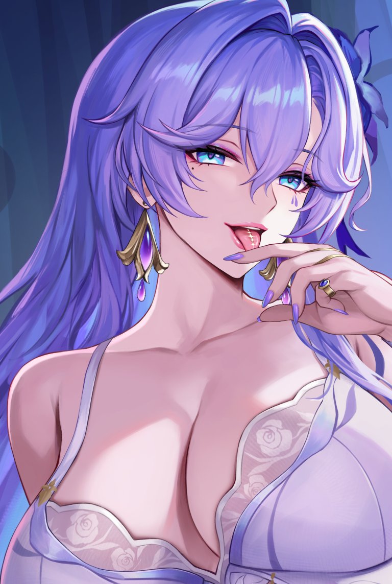 kacyu, cantarella (wuthering waves), wuthering waves, cropped, 1girl, bare shoulders, blue eyes, bra, breasts, collarbone, earrings, facial mark, fingernails, hair between eyes, hair intakes, hand up, jewelry, large breasts, long hair, mark under eye, mole, mole under eye, nail polish, purple hair, purple nails, ring, solo, tacet mark (wuthering waves), tongue, tongue out, underwear, upper body, white bra