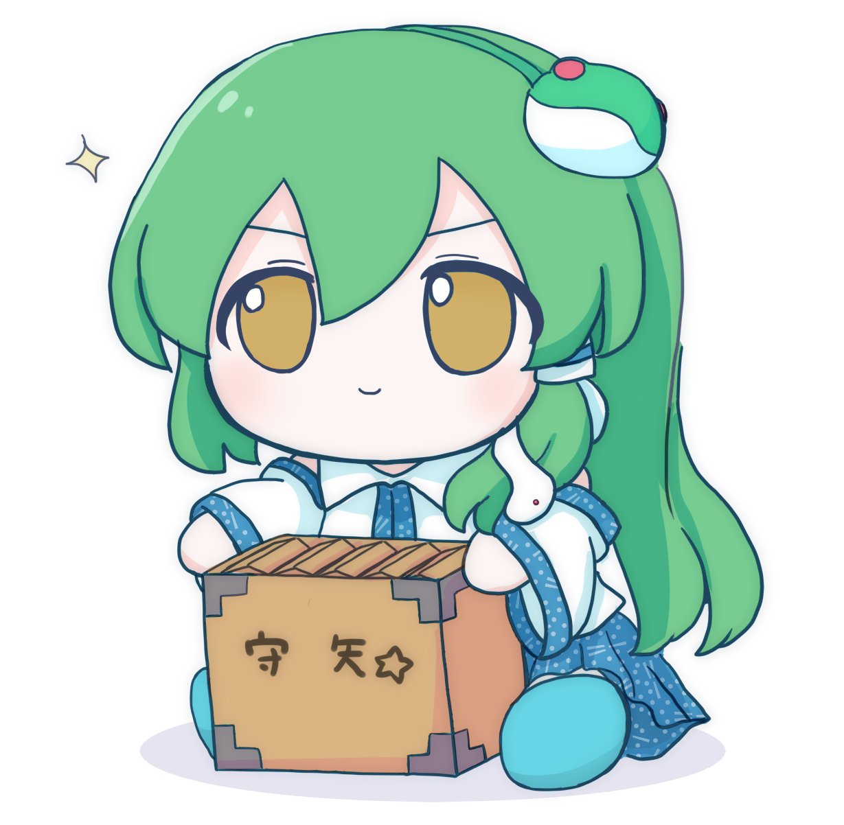 azuma meri, kochiya sanae, touhou, commentary request, highres, 1girl, bare shoulders, blue shoes, blue skirt, blush, box, c:, chibi, collared shirt, detached sleeves, donation box, double-parted bangs, frog hair ornament, full body, fumo (doll), green hair, green hairband, hair ornament, hair tubes, hairband, long hair, long sleeves, patterned clothing, print skirt, shirt, shoes, simple background, single hair tube, single sidelock, skirt, skirt set, sleeveless, sleeveless shirt, smile, snake hair ornament, solo, sparkle, v-shaped eyebrows, white background, wide sleeves, yellow eyes