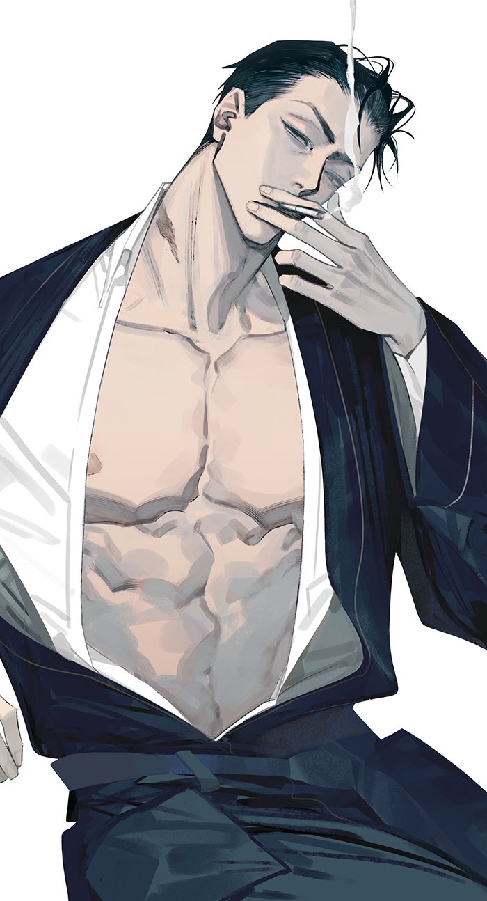 old xian, 19 tian, highres, abs, belt, black hair, cigarette, he cheng, head tilt, holding, holding cigarette, male focus, muscular, muscular male, open clothes, open shirt, pectorals, scar, short hair, smoke, smoking, solo, white background