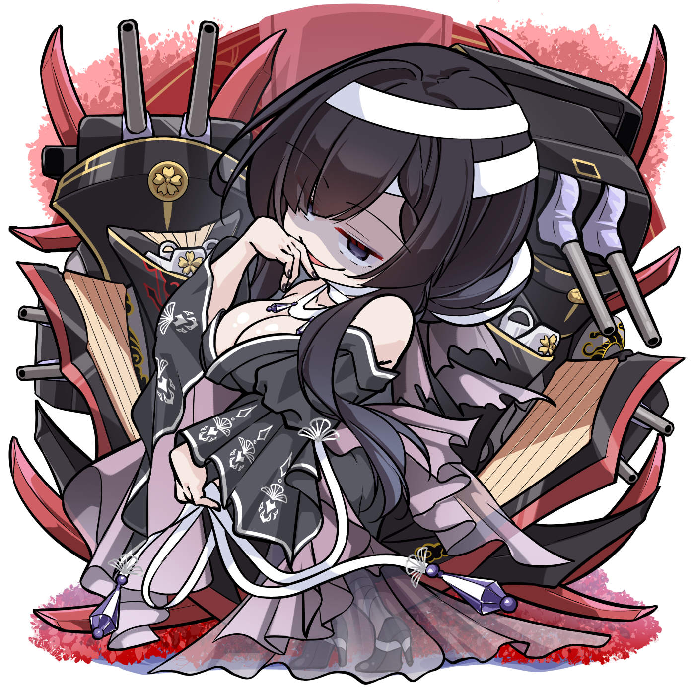 oriue wato, asama (azur lane), azur lane, highres, 1girl, bandages, black eyes, black hair, black kimono, black nails, black shoes, blank eyes, breasts, chibi, chibi only, cleavage, evil smile, full body, high heels, japanese clothes, kimono, large breasts, rigging, shaded face, ship turret, shoes, smile, solo, standing