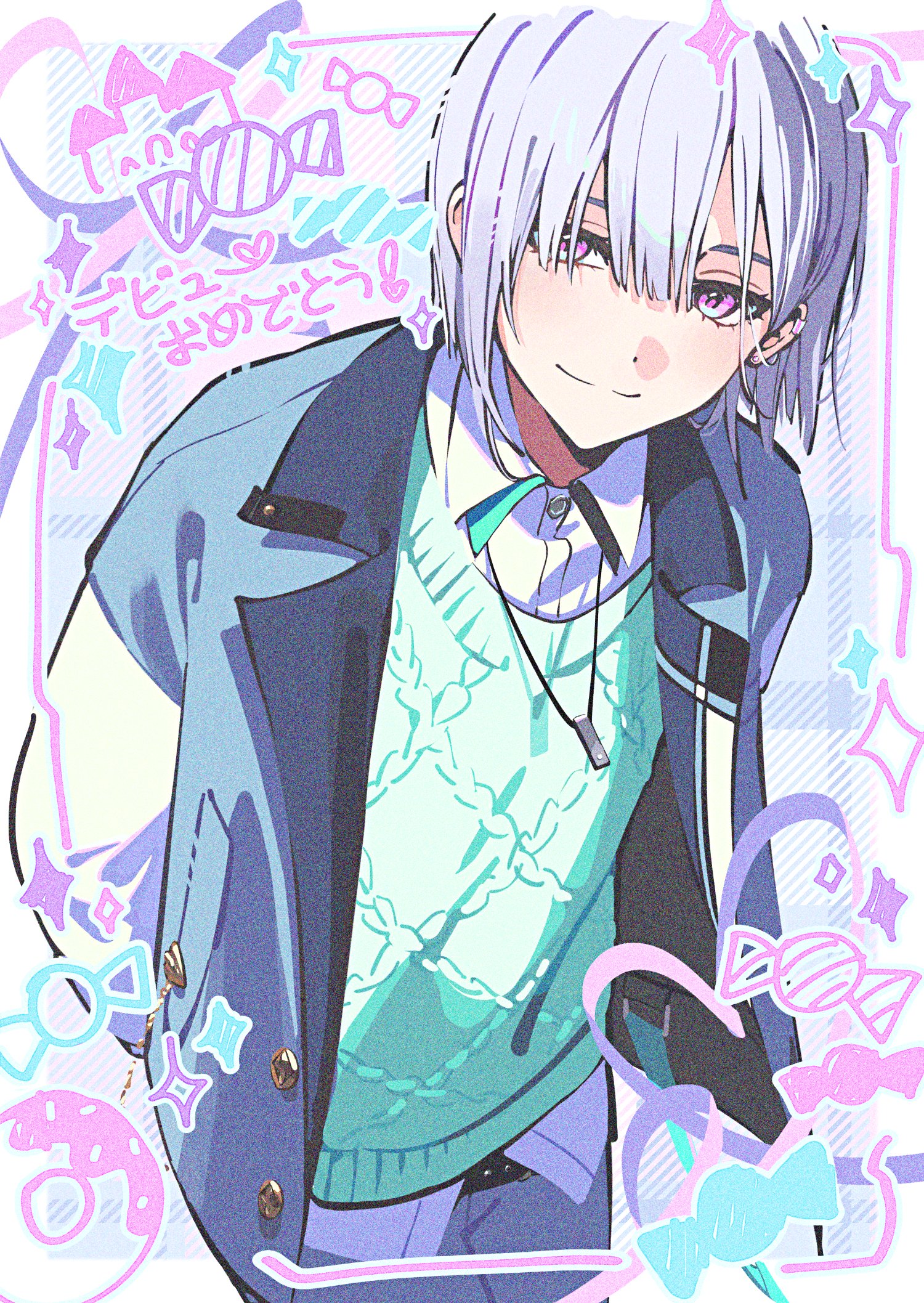 dsmile, nijisanji, commentary request, highres, official art, translation request, 1boy, aqua sweater vest, blue jacket, blue pants, blunt ends, border, buttons, candy, closed mouth, collared shirt, diagonal-striped background, donut, ear piercing, earrings, food, hair between eyes, jacket, jewelry, lapels, long sleeves, looking at viewer, male focus, multicolored jacket, necklace, open clothes, open jacket, outside border, pants, parted bangs, piercing, pink eyes, shirose isumi, shirt, short hair, smile, solo, sparkle, split mouth, striped background, stud earrings, sweater vest, two-tone jacket, virtual youtuber, white border, white hair, white jacket, white shirt, wing collar