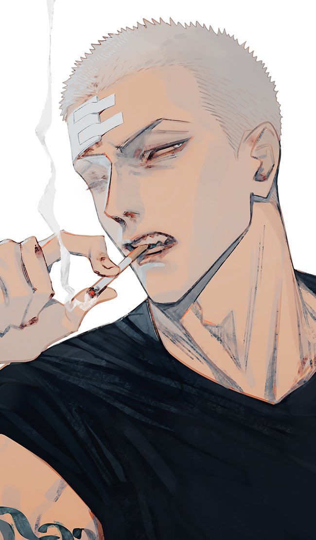 old xian, 19 tian, arm tattoo, bandage on forehead, bandages, black tank top, blood, buzz cut, cigarette, grey hair, male focus, muscular, muscular male, open mouth, qiu (19 tian), short hair, sleeveless, smoke, smoking, tank top, tattoo, very short hair, white background