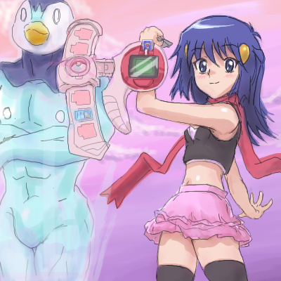 dawn (pokemon), piplup, pochama, nintendo, pokemon, pokemon (anime), pokemon dppt (anime), yu-gi-oh!, yu-gi-oh! duel monsters, lowres, 1girl, adapted costume, black thighhighs, card, crossover, duel disk, gen 4 pokemon, holding, holding card, midriff, miniskirt, oekaki, parody, poke ball, poke ball theme, pokemon (creature), scarf, skirt, thighhighs, zettai ryouiki