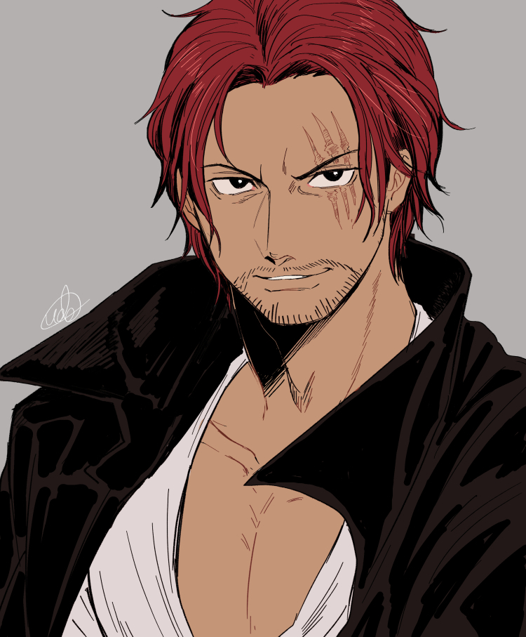 udaa (ahirucook), shanks (one piece), one piece, commentary request, 1boy, beard stubble, facial hair, grey background, male focus, parted lips, red hair, scar, scar across eye, scar on face, shirt, short hair, signature, simple background, smile, solo, stubble, upper body, white shirt