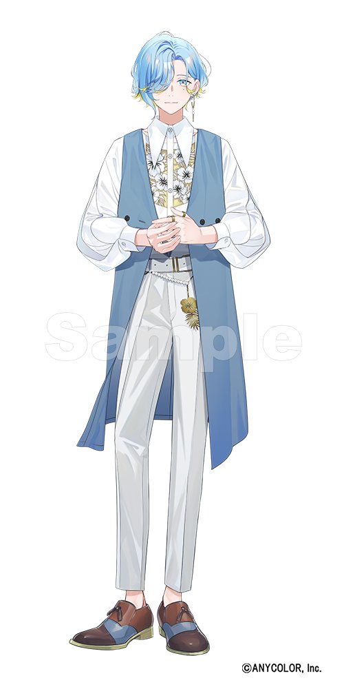 katagiri ikumi, nijisanji, commentary request, official art, 1boy, belt, belt buckle, blonde hair, blue coat, blue eyes, blue hair, blue shoes, brown shoes, buckle, buttons, closed mouth, coat, collared shirt, company name, copyright notice, earrings, floral print, gold earrings, gold ring, hair over one eye, hoop earrings, jewelry, long sleeves, looking at viewer, male focus, mole, mole under eye, multicolored eyes, multicolored hair, multicolored shoes, one eye covered, open clothes, open coat, pants, parted bangs, print shirt, puffy long sleeves, puffy sleeves, ring, sample watermark, shinomiya yuno, shirt, shoes, short hair, simple background, sleeveless, sleeveless coat, smile, solo, streaked hair, swept bangs, thumb ring, two-tone eyes, two-tone shoes, virtual youtuber, watermark, white background, white belt, white pants, white shirt, wing collar, yellow eyes