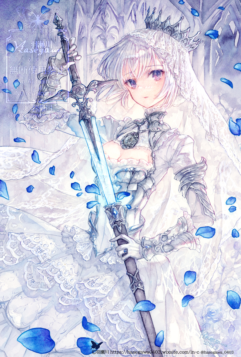 hane segawa, original, highres, painting (medium), traditional media, watercolor (medium), 1girl, arch, armor, armored dress, blue petals, boobplate, breastplate, breasts, cleavage, cleavage cutout, closed mouth, clothing cutout, dress, expressionless, falling petals, faulds, feet out of frame, gloves, glowing, glowing sword, glowing weapon, gorget, hair between eyes, hair bun, holding, holding sheath, holding sword, holding weapon, jewelry, lace, lace-trimmed dress, lace trim, long dress, long sleeves, pendant, petals, pointed crown, purple eyes, rerebrace, ring, sheath, sideways glance, single hair bun, small breasts, solo, standing, sword, unsheathing, vambraces, veil, watermark, weapon, white dress, white gloves, white hair, white veil