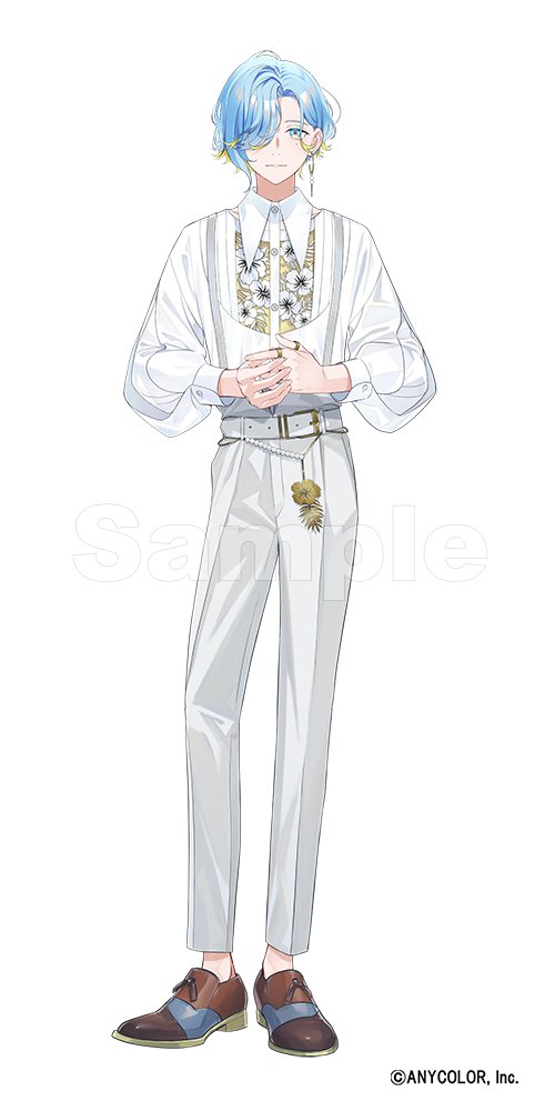 katagiri ikumi, nijisanji, commentary request, official art, 1boy, belt, belt buckle, blonde hair, blue eyes, blue hair, blue shoes, brown shoes, buckle, buttons, closed mouth, collared shirt, company name, copyright notice, earrings, floral print, gold earrings, gold ring, hair over one eye, hoop earrings, jewelry, long sleeves, looking at viewer, male focus, mole, mole under eye, multicolored eyes, multicolored hair, multicolored shoes, one eye covered, open clothes, pants, parted bangs, print shirt, puffy long sleeves, puffy sleeves, ring, sample watermark, shinomiya yuno, shirt, shoes, short hair, simple background, smile, solo, streaked hair, swept bangs, thumb ring, two-tone eyes, two-tone shoes, virtual youtuber, watermark, white background, white belt, white pants, white shirt, wing collar, yellow eyes