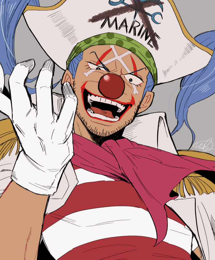 udaa (ahirucook), buggy the clown, one piece, commentary request, 1boy, ascot, blue hair, epaulettes, eyelashes, gloves, grey background, hat, looking at viewer, makeup, male focus, open mouth, pirate hat, red nose, shirt, signature, simple background, solo, striped clothes, striped shirt, upper body, white gloves