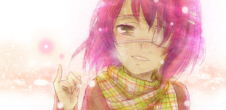 pota (bluegutty), shindou chihiro, ef (visual novel), bad id, bad pixiv id, 00s, 1girl, eyepatch, female focus, plaid clothes, plaid scarf, purple hair, scarf, solo