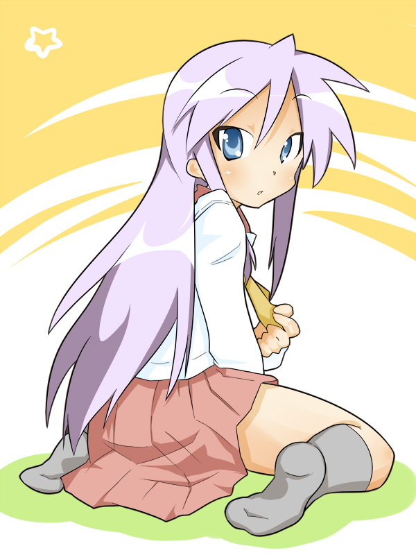 shing (sorairo factory), hiiragi kagami, lucky star, 00s, alternate hairstyle, blue eyes, feet, long hair, looking back, purple hair, school uniform, serafuku, sitting, socks, solo