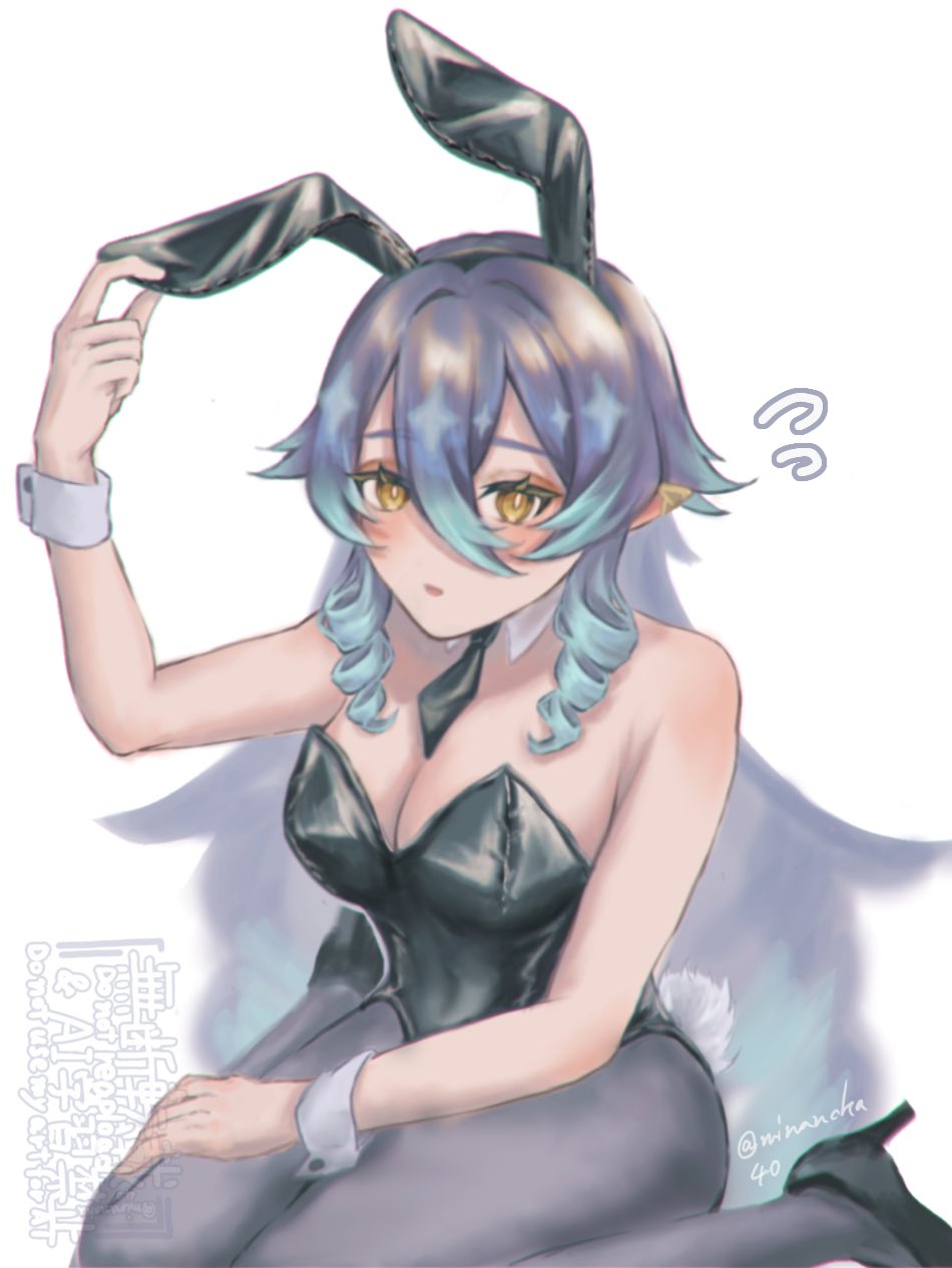 layla (genshin impact), highres, 1girl, animal ears, blue hair, breasts, looking at viewer, playboy bunny, rabbit ears, rabbit tail, tail, yellow eyes