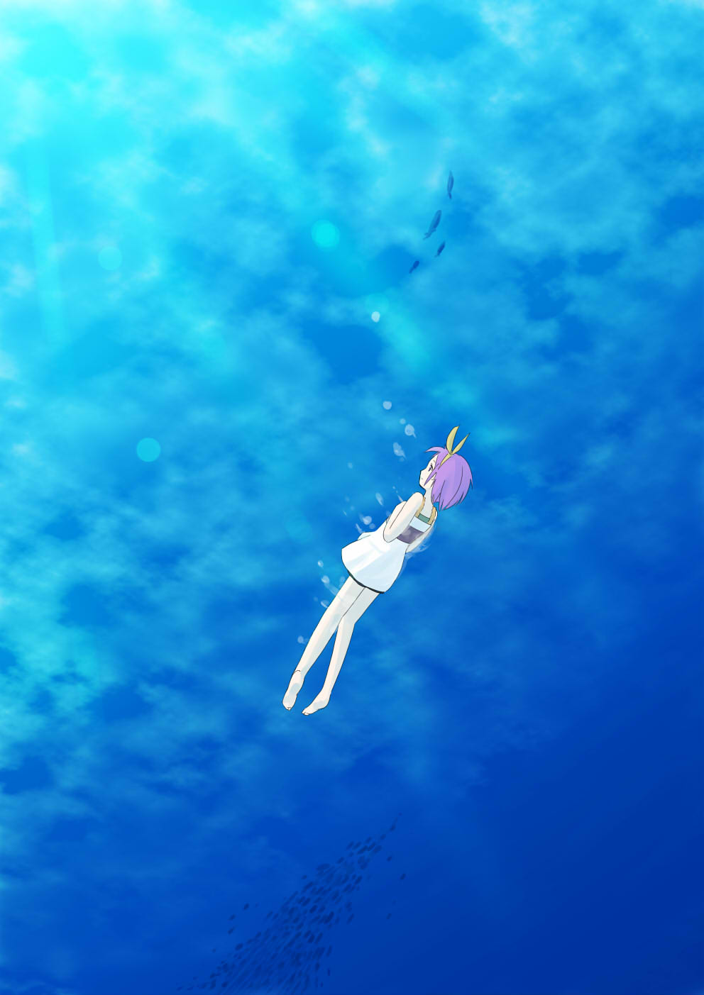kuronekonine, hiiragi tsukasa, lucky star, bad id, bad pixiv id, highres, 00s, casual, hair ribbon, purple hair, ribbon, short hair, solo, underwater
