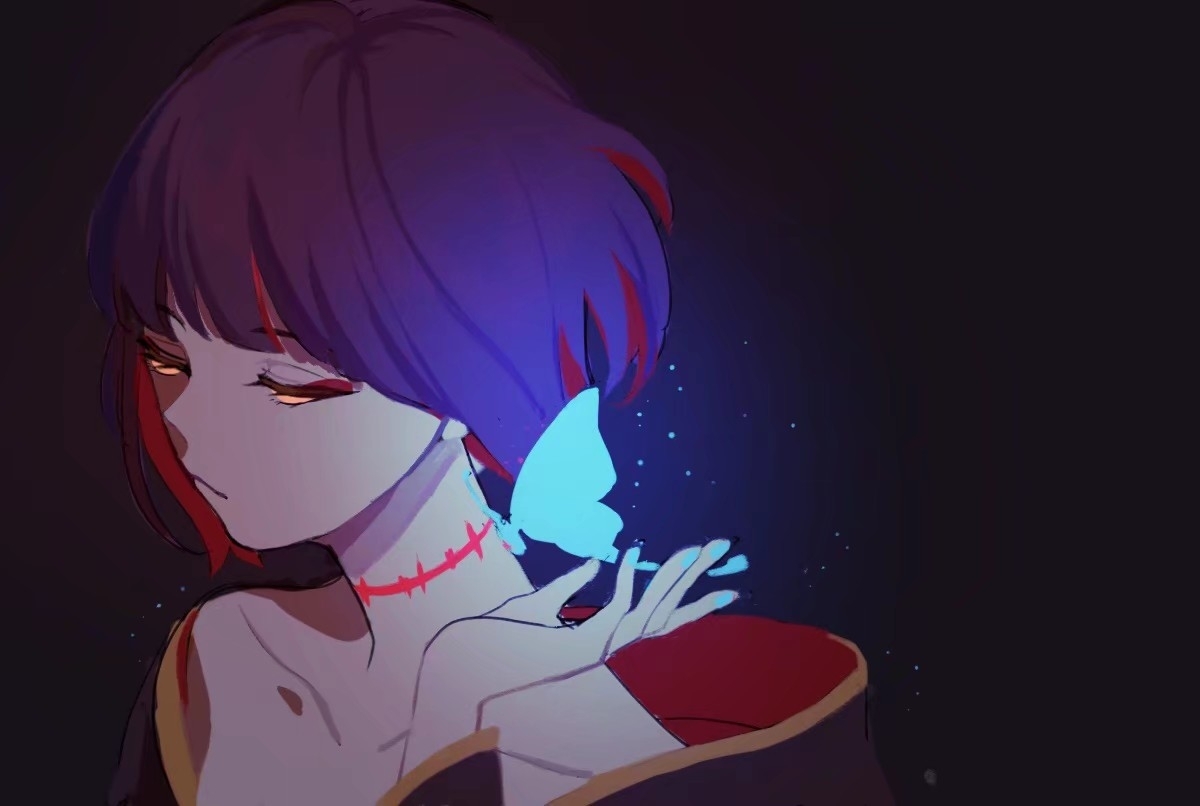 lou xiaotiao, arashi (forever 7th capital), forever 7th capital, chinese commentary, 1boy, :/, androgynous, aqua butterfly, aqua nails, bare shoulders, black background, black hair, black kimono, blunt bangs, bob cut, bug, butterfly, butterfly on neck, closed mouth, collarbone, colored inner hair, dark, expressionless, eyeshadow, from side, glowing butterfly, half-closed eyes, hand up, insect, japanese clothes, kimono, light particles, long sleeves, makeup, male focus, multicolored hair, nail polish, off shoulder, portrait, red eyeshadow, red hair, scar, scar on neck, short hair, solo, two-tone hair, yellow eyes