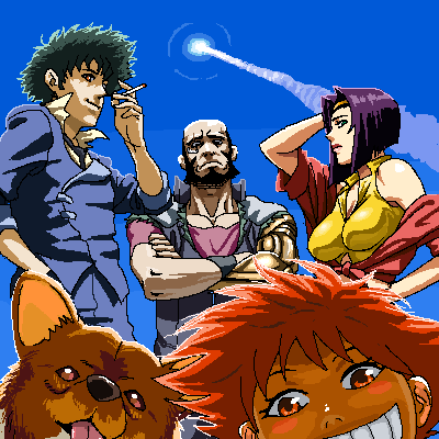 ug (ugg), edward wong hau pepelu tivrusky iv, ein (cowboy bebop), faye valentine, jet black, spike spiegel, cowboy bebop, bad id, bad pixiv id, lowres, 1990s (style), 2boys, 2girls, beard, blush stickers, cigarette, facial hair, multiple boys, multiple girls, oekaki, smoking, welsh corgi