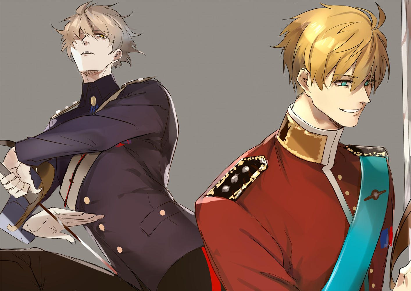 pvc parfait, arthur pendragon (fate), arthur pendragon alter (fate), fate/grand order, fate (series), 2boys, ahoge, aqua eyes, black pants, blonde hair, blue sash, buttons, dual persona, grey background, hair between eyes, hand up, holding, holding sword, holding weapon, jacket, looking at viewer, looking to the side, male focus, military jacket, military uniform, multiple boys, open mouth, pants, purple jacket, red jacket, sash, short hair, simple background, smile, sword, teeth, upper body, v-shaped eyebrows, weapon, white sash, yellow eyes